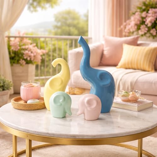 Image of Xtore Ceramic Home Decor 4 Elephant Family Figurine with Piano Gloss Finish | Pastel Color | for Home /Office /Living Room /Kitchen /Gifting - (Set of 4, Multicolor)