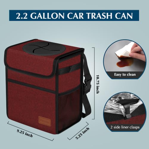 Image of Femuar Leak Proof Car Trash Can with Lid, Collapsible Hanging Waterproof Car Trash Bag with Mesh Pocket for SUV Front Seat Headrest, Burgundy