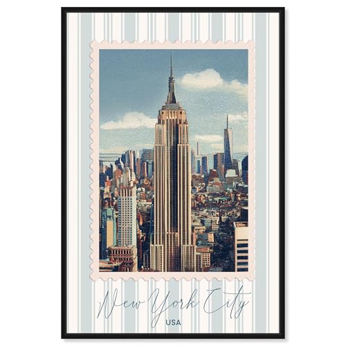 NYC Travel Stamp Framed Canvas Print Vintage Poster Art by Art Remedy, Black Frame, 20 x 30