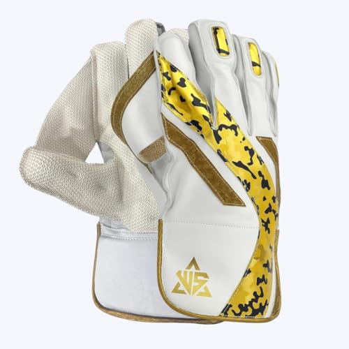 Image of WHITEDOT SPORTS Helix Cricket Wicket Keeping Gloves, Premium Leather, Gold Camo Design, Adult Size (Mens /Adult /Large)