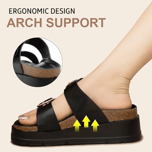 Image of Womens Platform Sandals Cork Footbed with Comfort Double Buckles,Slip on Platform Slides Summer Beach Wide Widths Sandal Shoes