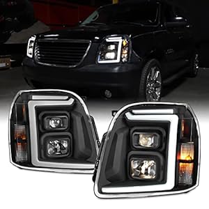 AKKON – Fits 2007-2014 GMC Yukon XL 1500 2500 [LED C-Tube DRL] Projector Black Headlights Headlamp Pair Driver+Passenger