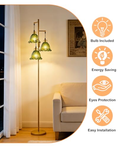 Image of Lightdot Glass Floor Lamps for Living Room, 3-Light Dimmable Floor Lamp with Green Glass Shade& E12 Bulbs Included, Mid Century Standing Tall Lamp with 5Lbs Heavy Base for Bedroom /Sofa Beside-Gold