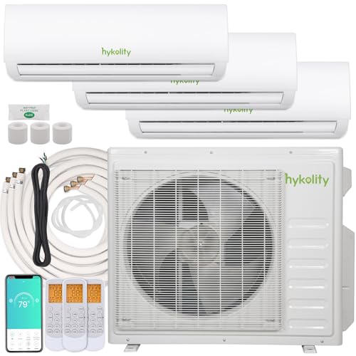 Hykolity 28000 BTU Tri Zone Wifi Enabled Mini Split Air Conditioner 20 SEER2 208-230V 9000+9000+12000 BTU Ductless Wall Mounted Inverter Air Conditioner & Heater Pump with Installation Kits