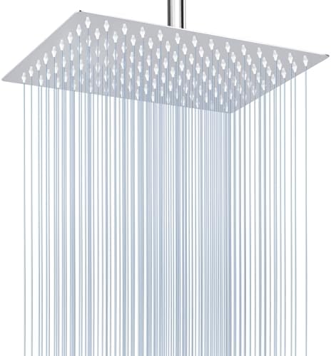 Voolan Rain Shower Head - High Flow Large Rainfall Shower Heads Made of Stainless Steel - Waterfall Bathroom Square Showerhead - Ceiling or Wall Mount (12 * 8 Inch Rectangle, Chrome)