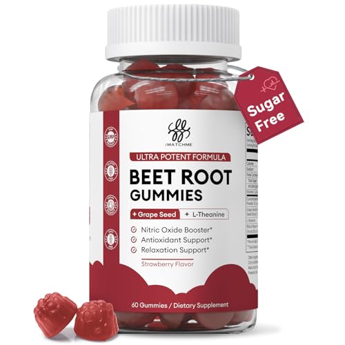 Beet Root Gummies – Blood Pressure Support & Mood Support, Super Nitric Oxide Beets Supplement with Grape Seed, L-Theanine & Vitamin C, Sugar-Free Vegan, 30:1 Beet Root Extract, 60 Strawberry Chews