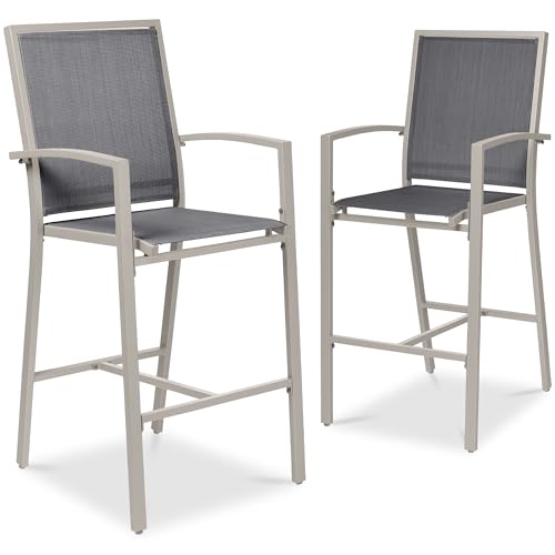 Best Choice Products Outdoor Bar Stools Set of 2 Bar Height Patio Furniture All Weather Mesh Design w/Armrest - Taupe/Charcoal