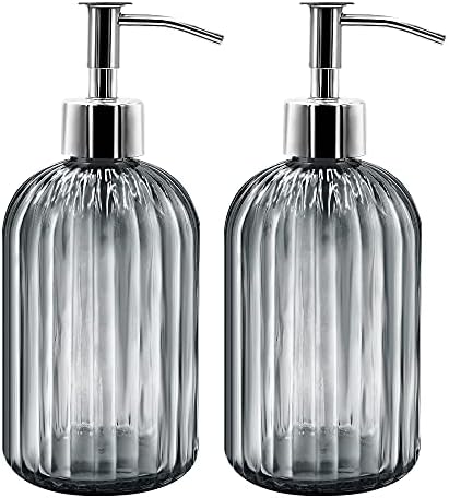 2 Pack Glass Soap Dispenser Bottle with Pump , 14 Oz Refillable Liquid Hand Jar Dispenser for Bathroom, Countertop, Kitchen, Laundry Room (Transparent)