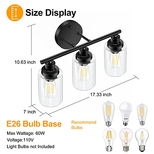 Watyo Bathroom Light Fixtures Black Vanity Light, 3 Light Wall Sconces Lighting Bathroom Lights With Clear Glass Shades, Bath Wall Lights Wall Lamp For Mirror, Kitchen, Living Room, Bedroom, Hallway #TOP4