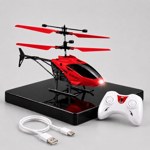 Image of KIDZYMON RC Helicopter with Hand Gravity Sensor, Flying Remote Control Helicopter Toy, Chargeble, 3D Light & Safety Sensor for Kids Age 4+ Years I Pack of 1 (Red Colour)