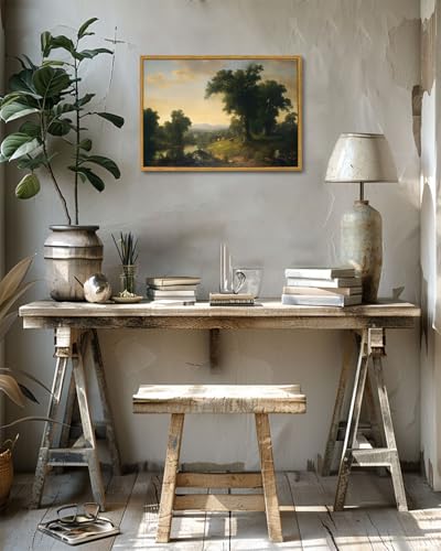 Image of KISSFOX Framed Vintage Landscape Wall Art Natural Scenery Canvas Prints Colorful Painting Artwork Rustic Farmhouse Pictures Decor Living Room Office Bedroom Bathroom Kitchen
