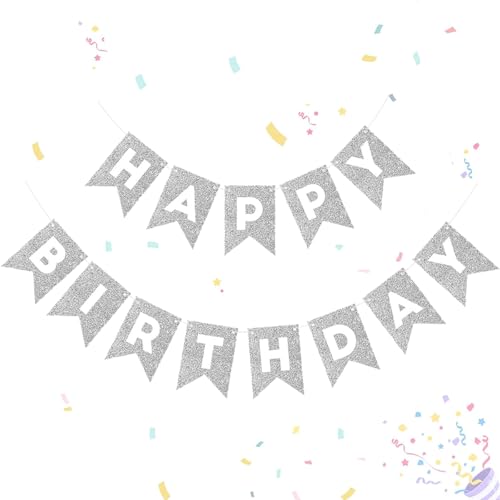 Silver Shine Happy Birthday Bunting, Kraft Paper Banner Flag for Kid Children Adult Birthday Party Decoration