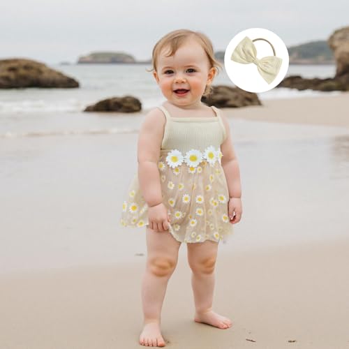 Newborn Yellow Dress Baby 0-3 Infant Girl Outfit Sleeveless Tulle Ribbed Romper Pink Dress with Hairband3