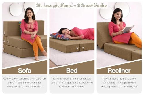 Image of Rosebell 2 Seater Foldable Sofa Cum Bed (4x6 Feet) Jute Fabric, Washable Removable Cover, Includes 2 Cushion | Space Saving Sofa Bed for Home, Office-Golden