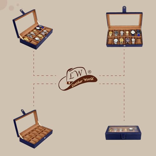 Image of Leather World Faux Leather Watch Box Organizer For Men & Women - Wrist Watch Box Holder 12 Slots - Removable Pillows Display Case - Gift for Loved Ones - BLue