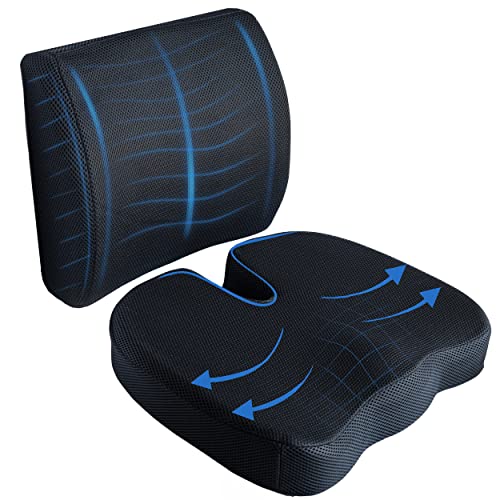 Lumbar Support Chair Cushions - Office Chair Back Support Set with Memory Foam Seat Cushion & Lumbar Pillow - Desk, Computer Chair, Armchair, Car Seat Cushion for Back Pain, Posture Correction - Black