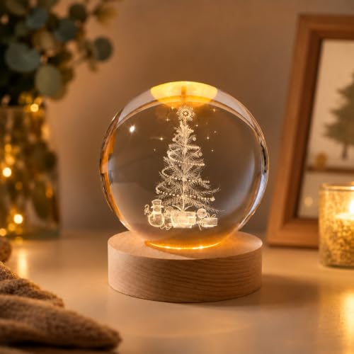 Weihnachten Kristallkugel Nachtlicht, 80 mm Christbaum Glaskugel Deko, Weihnachtsdeko 3D...