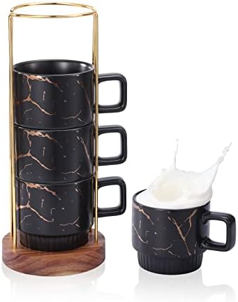 LURRIER Coffee Mugs Set of 4, 11 oz Stackable Ceramic Coffee Mugs Set for Espresso, Tea, Hot Cocoa, Coffee Cup Set with Marble Pattern and Acacia Wood Rack(Classic Black)