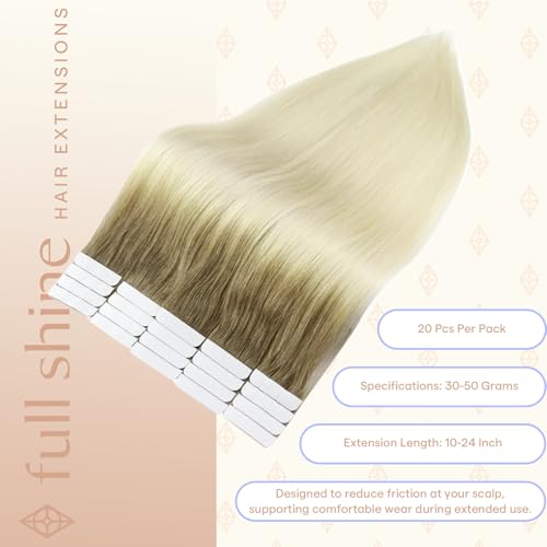 Image of Full Shine Tape in Extensions, Brown Root Platinum Blonde 14 Inch | 50g 20PCS, Seamless Skin Weft Tape in Hair Extensions Human Hair, Invisible Straight Finish Soft Texture Everyday Wear