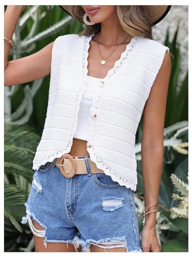 Verdusa Women's Sweater Vest Hollow Out Frill Hem Button Front Fall Fashion Trendy Tops Knitted Cardigan3