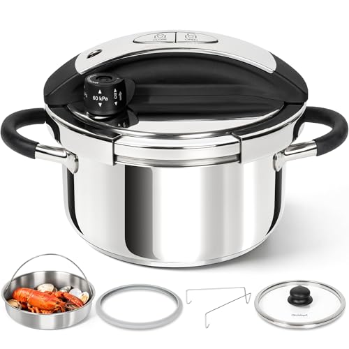 Image of MICHELANGELO Small Pressure Cooker Stainless Steel, 3.2 Quart Olla de Presion, One-Hand Locking System, Induction Compatible, with Glass Lid & Steamer