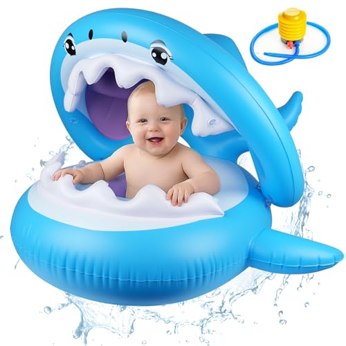 WEKUBA Baby Swimming Float with Removable Sun Canopy Shark Infant Swimming Float Inflatable Baby Swimming Ring with Inflator Pump Safety Seat for Pool Sea Waterworld Age 6-24 Months