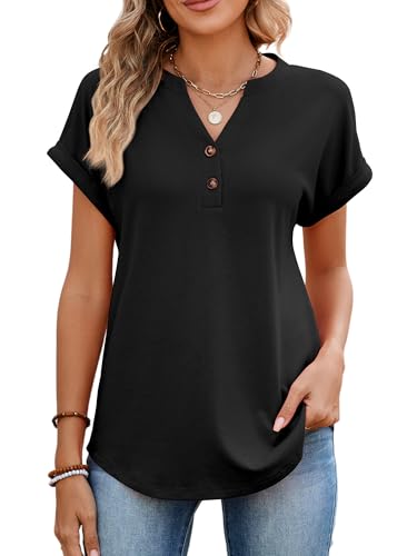 #VerdientProvisionen<br>Tshirt Damen Sommer Baumwolle V Ausschnitt Bluse Kurzarm Tunika T Shirt Damen Elegant Oversize Oberteile Basic Tops mit Knöpfen