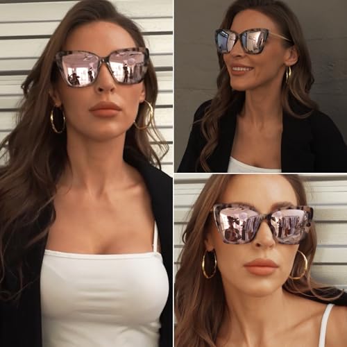 Cat Eye Sunglasses for Women, Oversized Retro UV400 Trendy Pink Mirrored/Gradient/Black Sunnies3