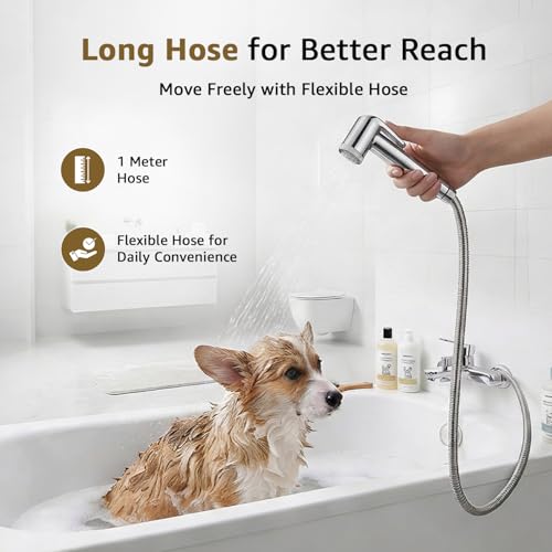 Image of Amazon Basics Handheld Health Faucet for Bathroom, ABS Plastic Body with Chrome Finish, 1 Meter Stainless Steel Flexible Hose Pipe and Wall Hook, Silver, Jet Spray for Toilet
