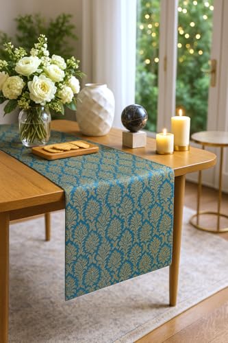 Throw Pillow Luxury Banarasi Brocade Silk Table Runner Blue & Gold Jacquard Floral 14x96 Inches Festive Diwali Dining Pooja Room Decor Gift