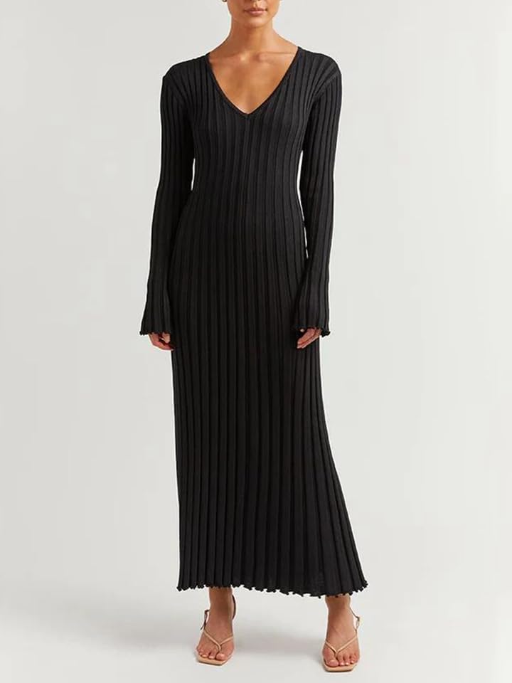 Image of Women's Long Knit Crewneck Sweater Dress Tie Waist A-Line Swing Pleated Bodycon