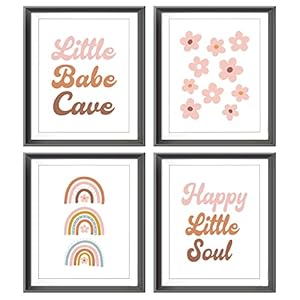 Little Babe Cave Happy Little Soul Boho Nursery Poster Prints for Kids Baby Girls Room Playroom Nursery Decor,Retro Groovy Hippie Rainbow Flowers Decorations Prints Wall Art Unframed 4pcs 8×10 Inches