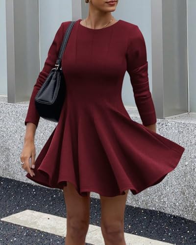 BTFBM Long Sleeve A Line Mini Dresses for Women,Burgundy,Medium - image 5
