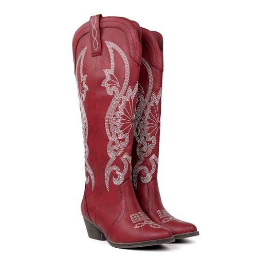 Image of Hawkwell Women's Cowboy Cowgirl Boots Slip On Pointed Toe and Block Heel Shoes with Classic Embroidered Pull On Tall Boot for Ladies Dress Western Knee High Boots