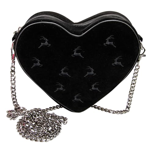 Alpenflüstern Trachtentasche Samtherz mit Hirschstickerei - Damen Handtasche Schultertasche fürs Dirndl Tasche zur Tracht Dirndltasche mit Metallelemente (schwarz) DTA105
