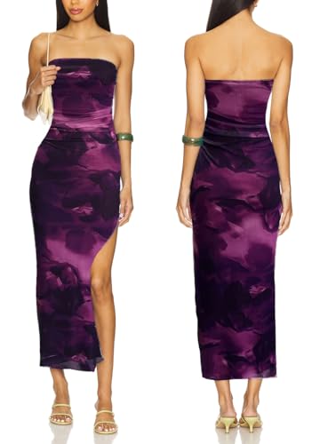 Image of ALENDA DANMOS Womens Strapless Printed Midi Dress with Slit Floral Mesh Tube Top Dresses Ruched Bodycon Party Club Dress 333