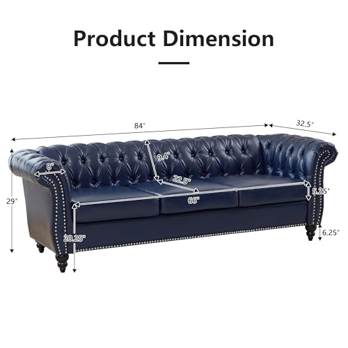 Image of QHITTY Accent Large Sofa, Chesterfield Couch 3 Seater Modern Leather Couch Upholstered Sofa with Tufted Back for Living Room Furniture (Blue)