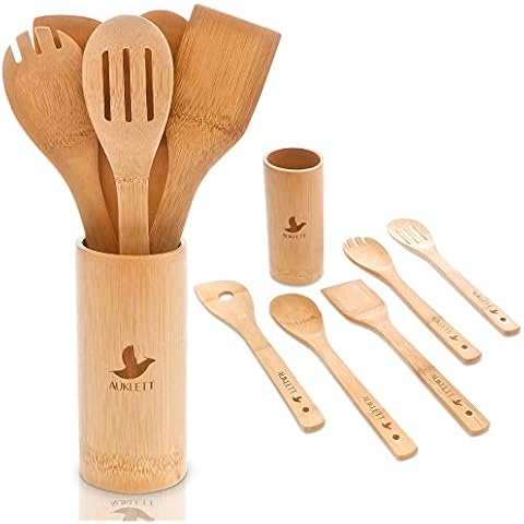 Auklett reduce & reuse... Bamboo Cooking Utensils Set with Utensil Holder | 5pc Sustainable Wooden Kitchen Organic Non-Stick Accessories for Home Stirring, Baking and More Cover