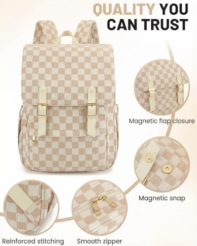 Image of Corduroy Laptop Backpack for Women, Fits 15.6 Inch Computer Bag, College Bookbag Travel Daypack Purse, Work Business Bags - Corduroy Checkered Brown