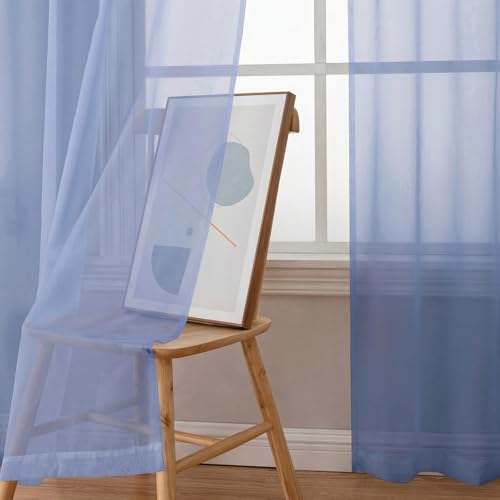 Image of Simplebrand Rod Pocket Top Solid Voile Sheer Curtains for Bedroom, 54 Inch Length Drapes Set of 2, Lightweight and Light Filtering Elegant Denim Curtains Panels Window Treatment, 42Wx54L, Denim