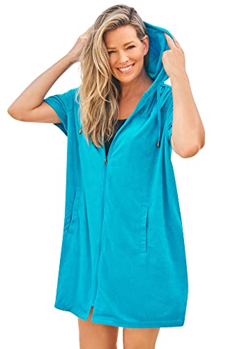 Swimsuits For All Swim 365 Women's Plus Size Terry Longer-Length Hooded Zip-Front Swim Cover-Up - 18/20, Blue Sea