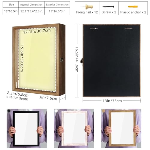 Image of TJ.MOREE Large Shadow Box 13x16 Display Case Wood Picture Frame Carbonized | Fits 12x15.6 Inserts with Linen Back Rustic Keepsake Box with Glass for Memorabilia Bridal Shower Wedding Flowers Gifts
