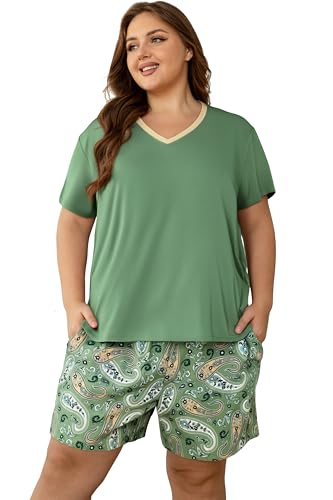 Image of Vozanet Women's Short Sleeve Top and Shorts Pajama Sets Plus Size V Neck Colorful Flower Nighty Loungewear With TWO Pockets