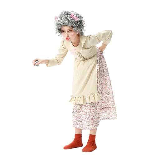 2026 Disfraces de Carnaval 100 Día Escolar Niños Vieja Disfraz Niña Abuela Vestido 100 Años Abuela, beige, 120