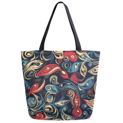 Ethnic Blue Red Decorative Fish Extra Large Canvas Gym Shoulder Tote,Durable Daily Reusable Top Handle Bag for Mens Womens Yoga Weekender Picnic Beach Travel Market Shopping