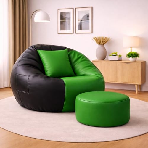 Image of 4XL Tear Drop Bean Bag with Footrest & Cushion | Premium Leatherette Bean Bag Cover | XXXXL Lounger Chair for Living Room | Without Beans | Upto 150 Kg (Green::Black, XXXXL)