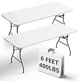 FurniEdge 6FT Folding Table 2 Pack, Heavy Duty Plastic Table with Handel, 300 lbs Portable Table, Reinforced Steel Legs, Fold-in-Half Table Ideal for Parties, Picnics, Weddings, Camping White