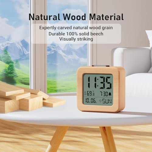 Image of CHEREEKI Battery Operated Clock with Real Wood Case, Loud Alarm, Snooze, Automatic Light Sensor, Temperature, Date and Day of the Week Display (3 AAA Batteries Included)