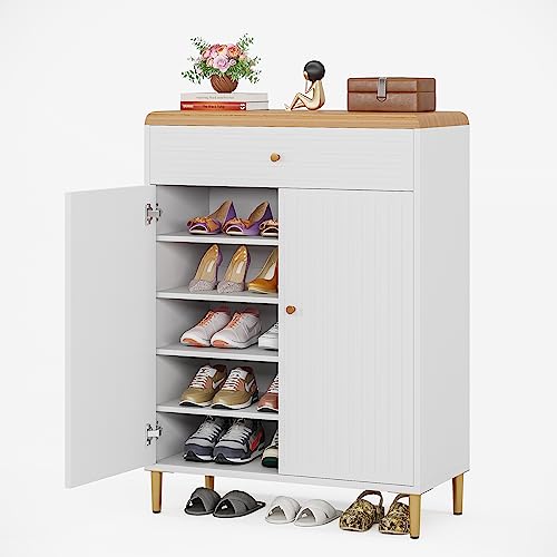 LITTLE TREE White Entryway 5-Tier Modern Rack Doors and Drawer, Wooden Storage Cabinet with Adjustable Shelves, Freestanding Shoe Organizer for Bedroom, Living Room LITTLE TREE White Entryway 5-Tier Modern Rack Doors and Drawer, Wooden Storage Cabinet with Adjustable Shelves, Freestanding Shoe Organizer for Bedroom, Living Room