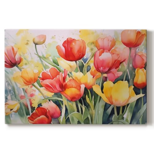 Renditions Gallery Abstract Artwork Paintings & Prints Watercolor Floral Abstract Vibrant Tulips Canvas Wall Hangings for Lounge Drawing Room Balcony - 32"x48" LT571